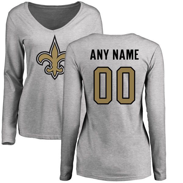 Women New Orleans Saints NFL Pro Line Ash Custom Name and Number Logo Slim Fit Long Sleeve T-Shirt->->Sports Accessory